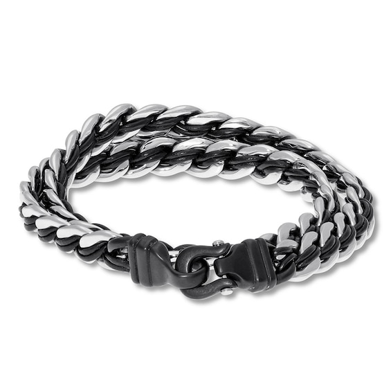 Men's Double Wrap Leather and Stainless Steel Bracelet 16.25"