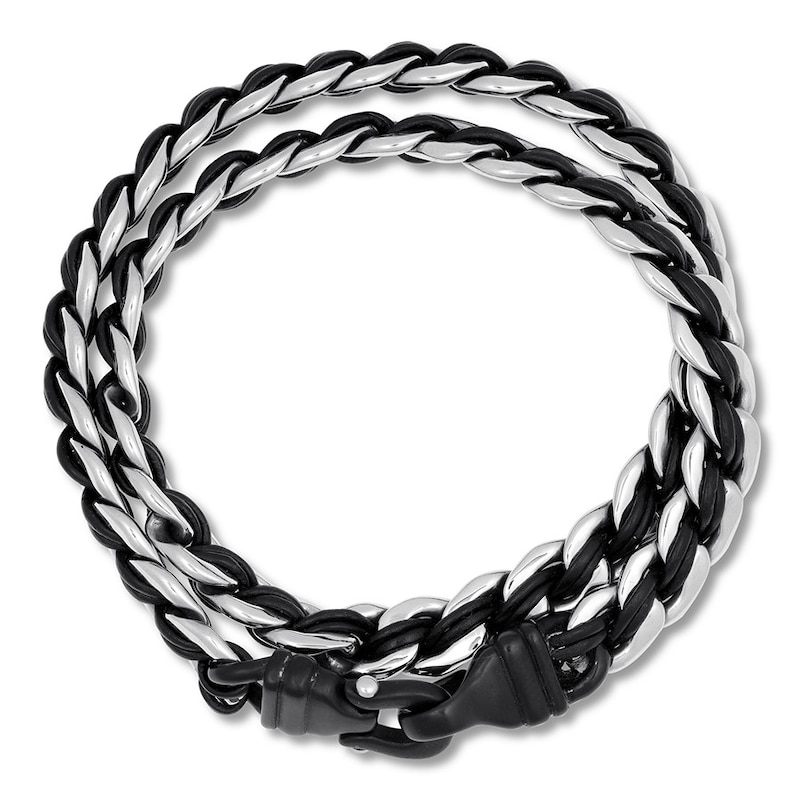 Main Image 2 of Men's Double Wrap Leather and Stainless Steel Bracelet 16.25&quot;