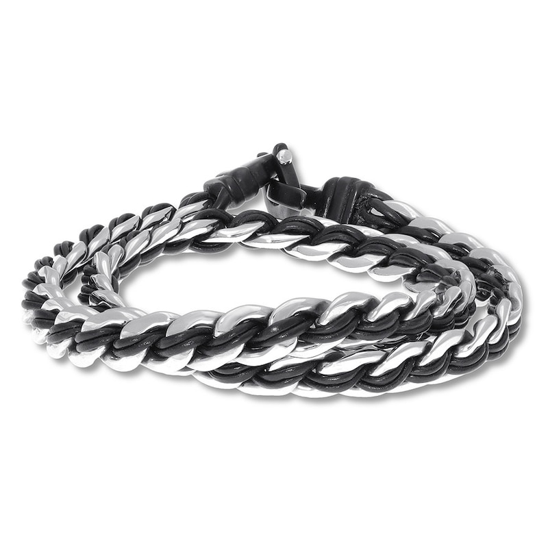 Main Image 3 of Men's Double Wrap Leather and Stainless Steel Bracelet 16.25&quot;