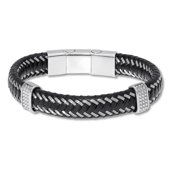 Men's Leather Bracelet Stainless Steel 8.75