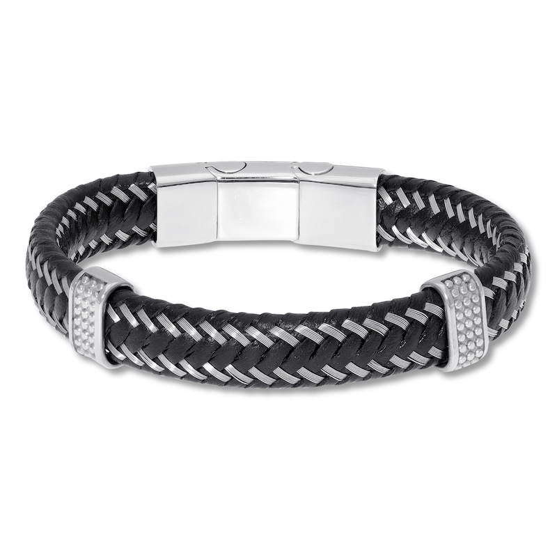 Men's Leather Bracelet Stainless Steel 8.75"