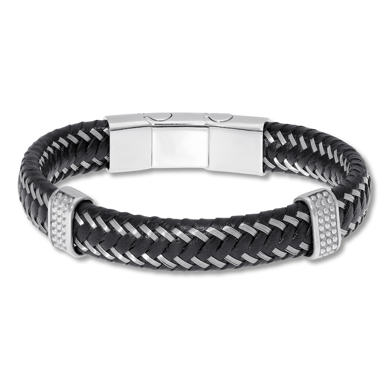 Main Image 1 of Men's Leather Bracelet Stainless Steel 8.75&quot;