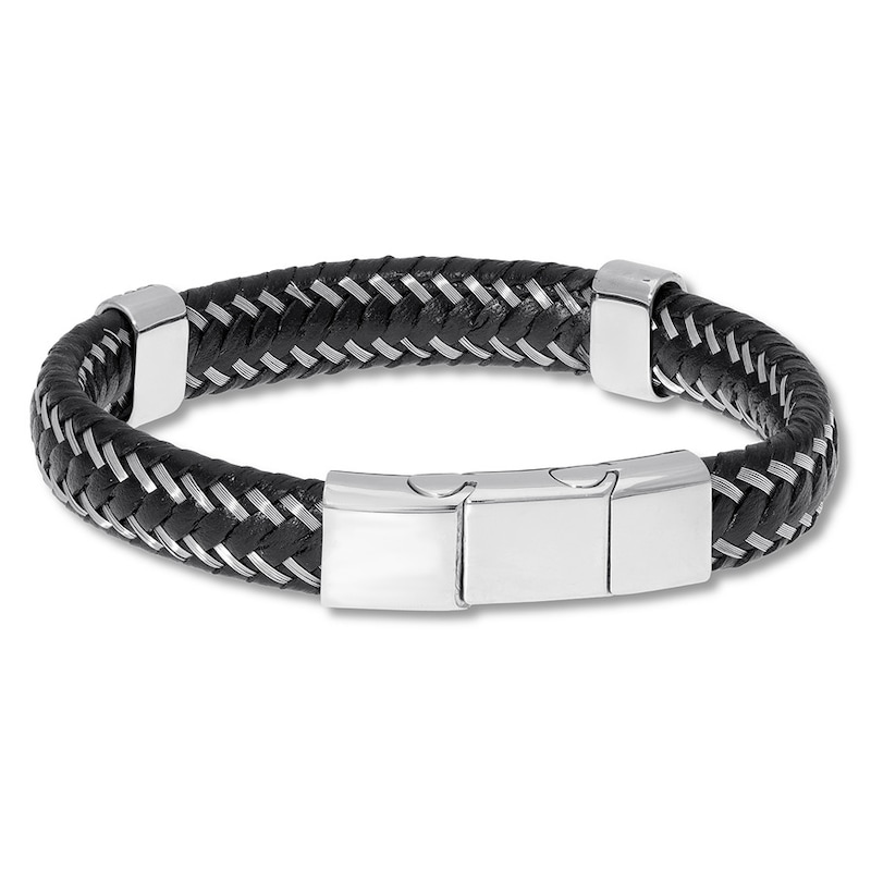 Men's Leather Bracelet Stainless Steel 8.75"