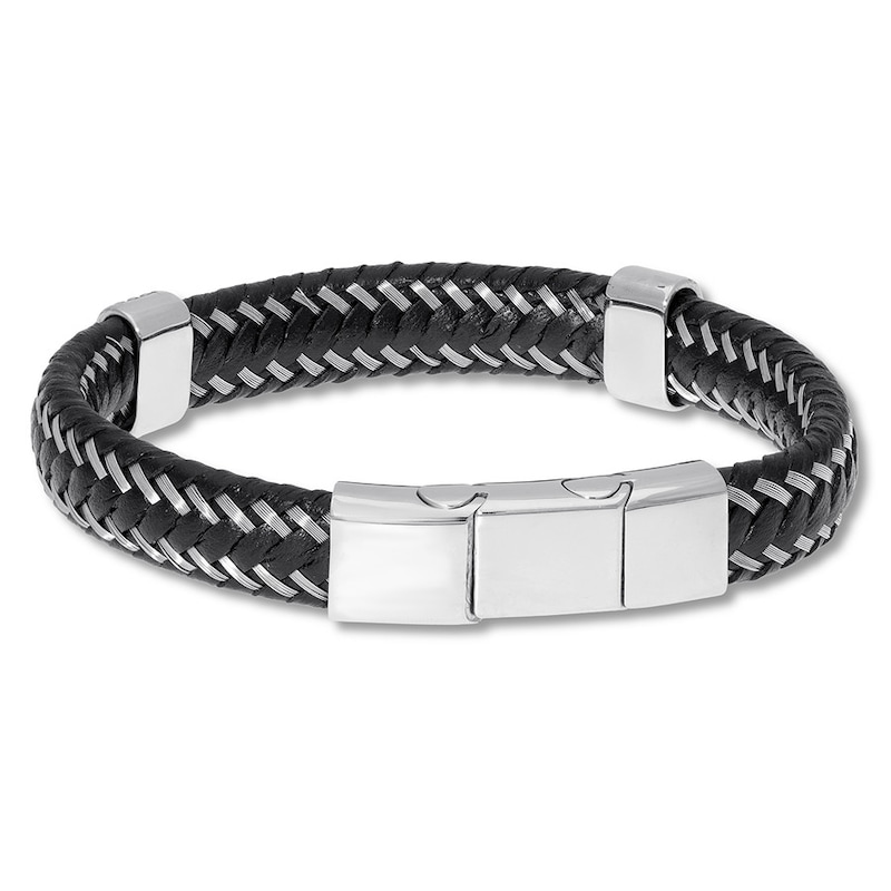Main Image 2 of Men's Leather Bracelet Stainless Steel 8.75&quot;