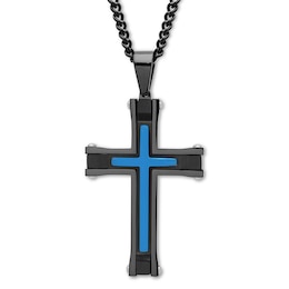 Men's Cross Necklace Black & Blue Ion-Plated Stainless Steel
