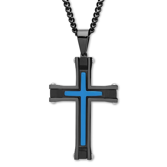 Men's Cross Necklace Black & Blue Ion-Plated Stainless Steel