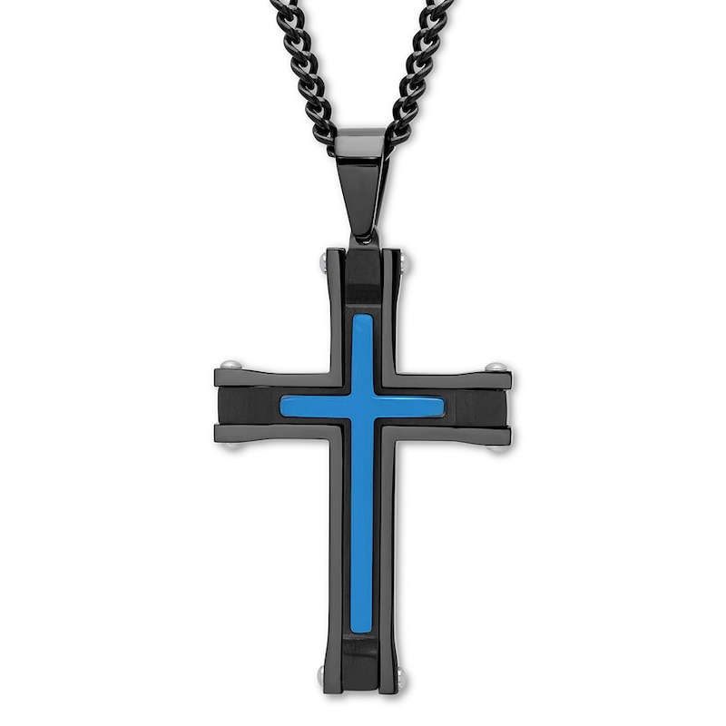 Main Image 1 of Men's Cross Necklace Black & Blue Ion-Plated Stainless Steel