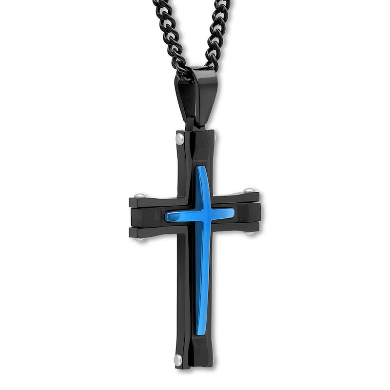 Main Image 2 of Men's Cross Necklace Black & Blue Ion-Plated Stainless Steel