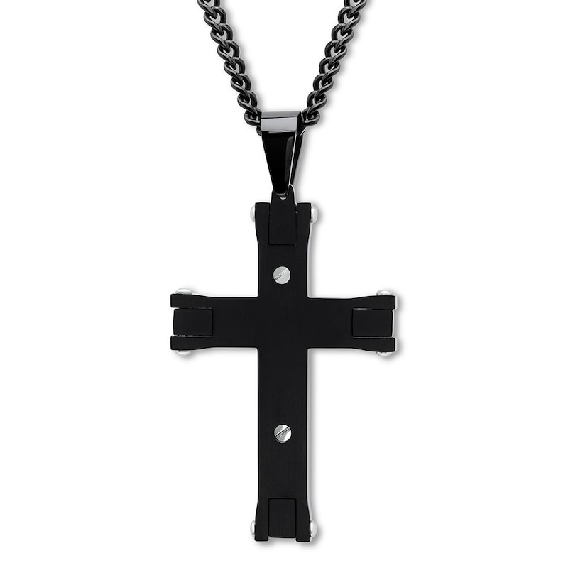 Men's Cross Necklace Black & Blue Ion-Plated Stainless Steel