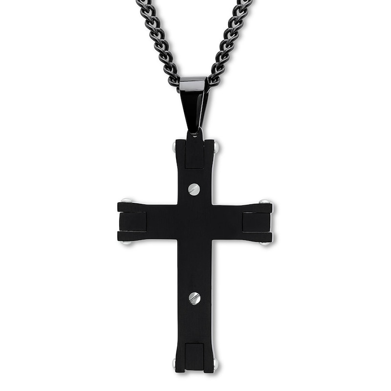 Main Image 3 of Men's Cross Necklace Black & Blue Ion-Plated Stainless Steel
