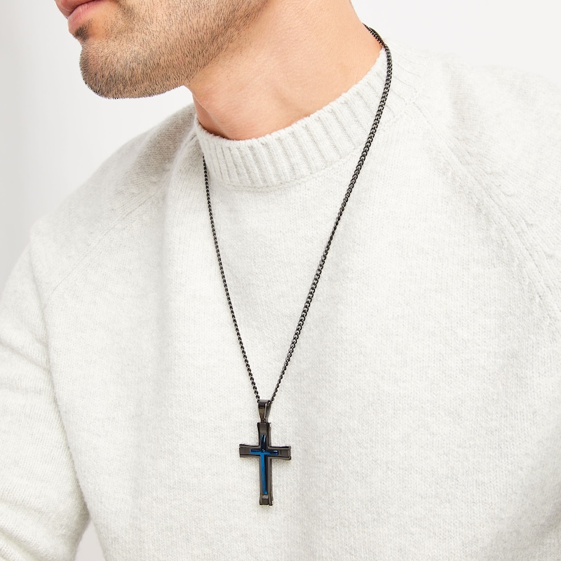 Main Image 4 of Men's Cross Necklace Black & Blue Ion-Plated Stainless Steel