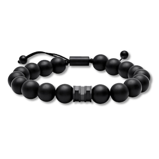 Men's Black Onyx Bead Bolo Bracelet Black Ion-Plated Stainless Steel