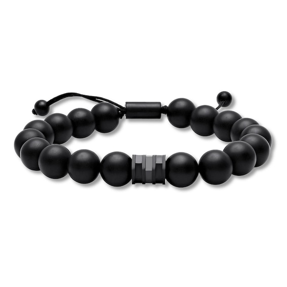 Men's Black Onyx Bead Bolo Bracelet Black Ion-Plated Stainless Steel