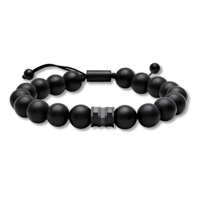 Men's Black Onyx Beaded Bolo Bracelet Stainless Steel