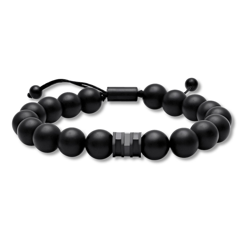 Main Image 1 of Men's Black Onyx Beaded Bolo Bracelet Stainless Steel