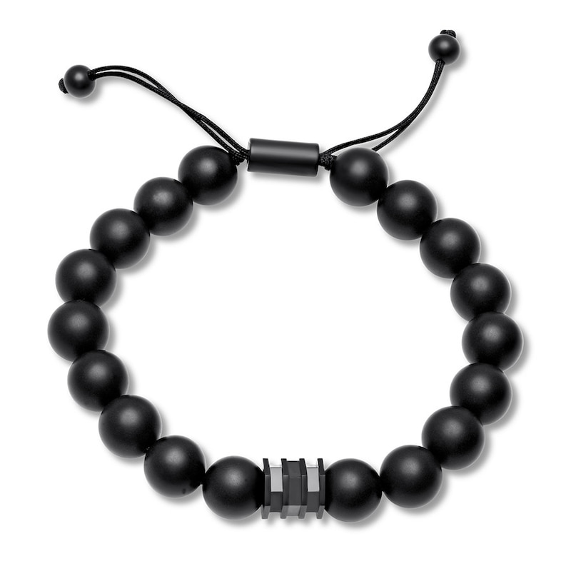 Main Image 2 of Men's Black Onyx Beaded Bolo Bracelet Stainless Steel