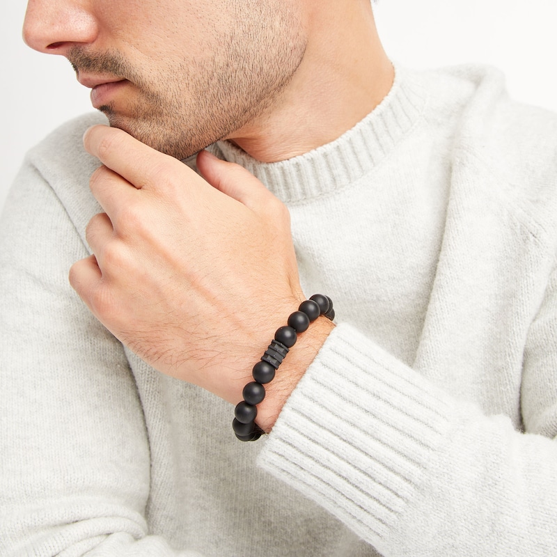 Men's Natural Stone Bracelet with Black Onyx Gemstone Cross