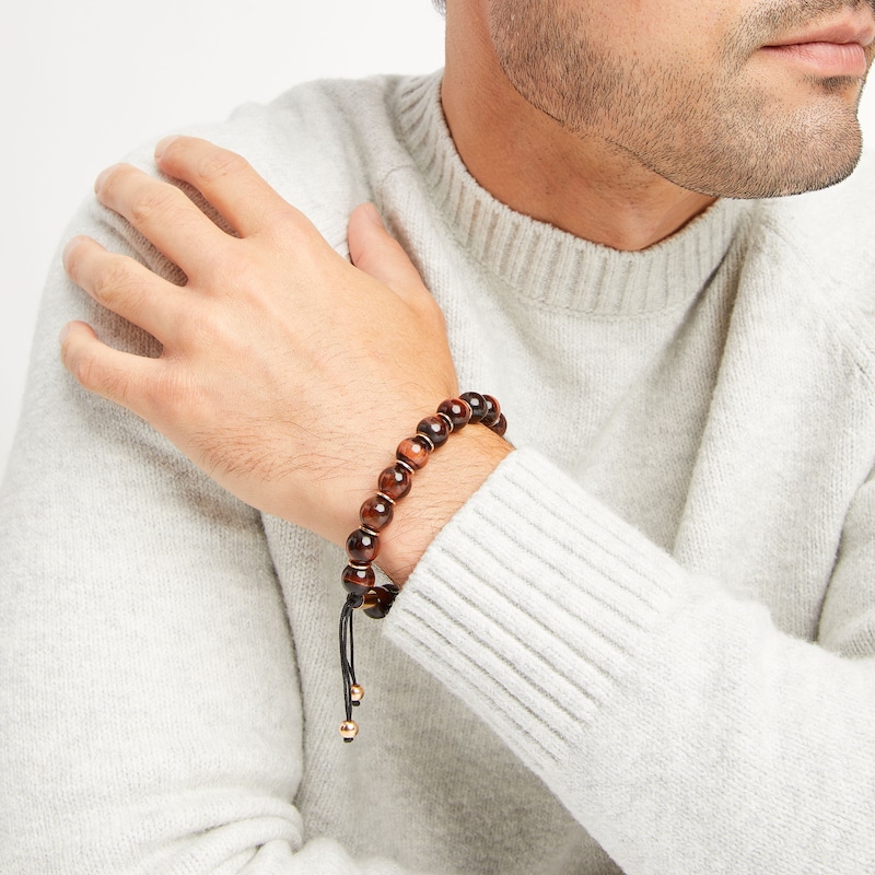 Main Image 3 of Men's Tiger's Eye Quartz Beaded Bolo Bracelet Stainless Steel