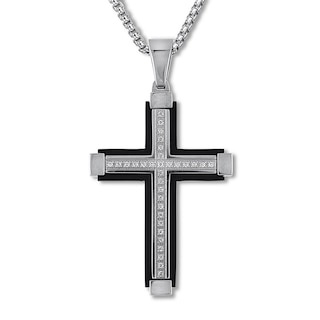 Men's Diamond Cross Necklace 1/6 ct tw Stainless Steel with Black Ion Plate 22"