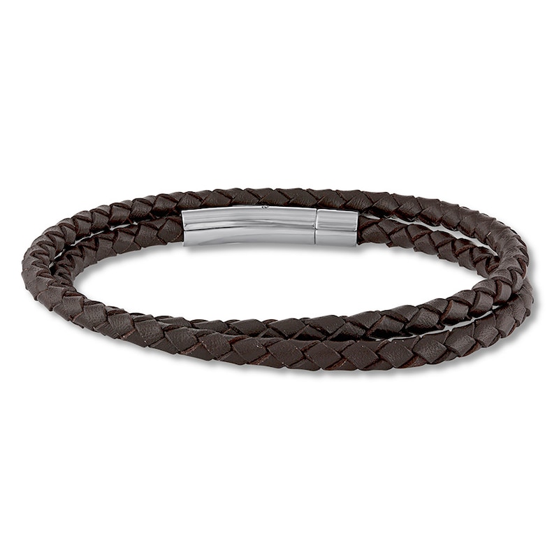 Men's Brown Double Wrap Leather Bracelet Stainless Steel 8.5"