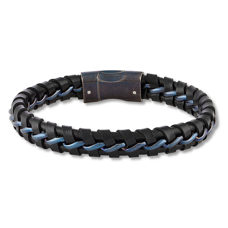 Men's Leather and Blue Ion-Plated Stainless Steel Bracelet 8.5"