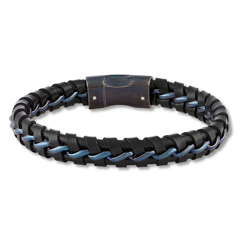 Main Image 1 of Men's Leather and Blue Ion-Plated Stainless Steel Bracelet 8.5&quot;
