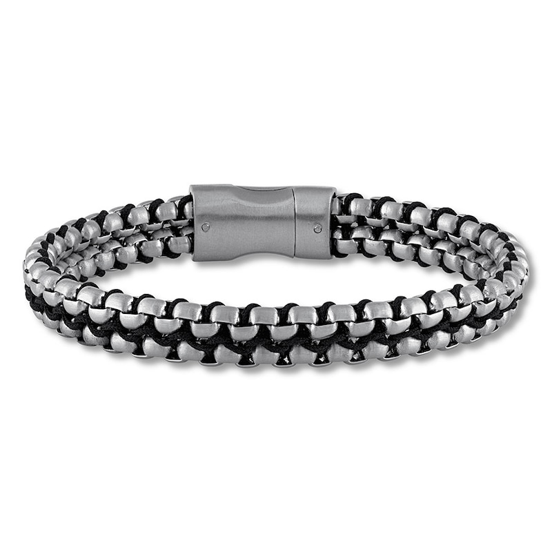 Main Image 1 of Men's Link Bracelet Stainless Steel/Black Leather 8.5&quot;