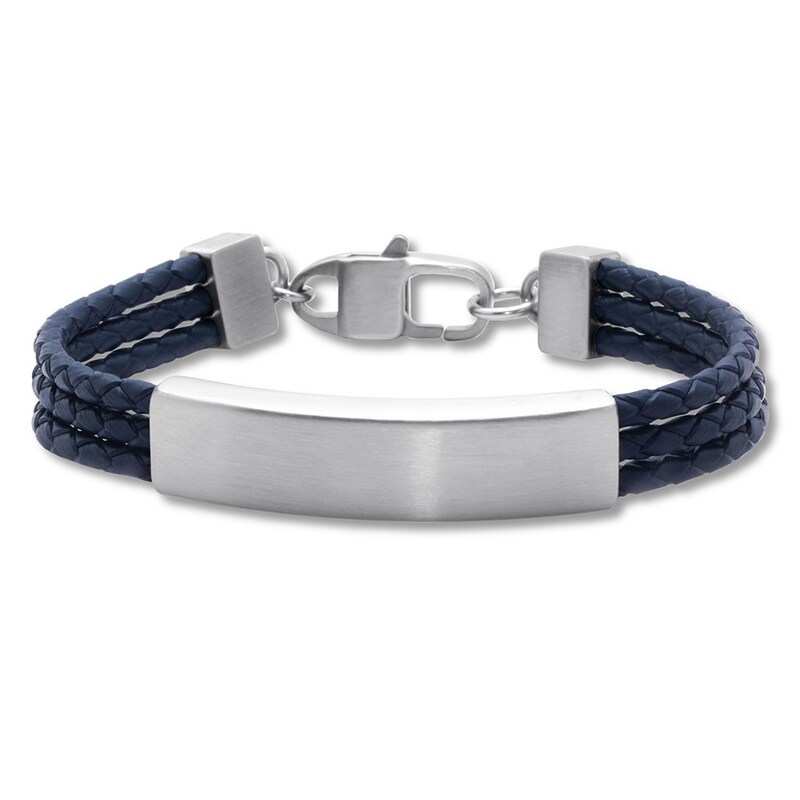 Men's Blue Leather ID Bracelet Stainless Steel 8.5"