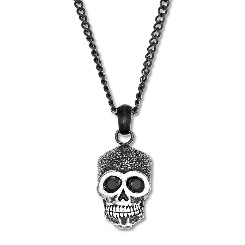 Men's Skull Necklace Black CZ Stainless Steel & Black Ion-Plating