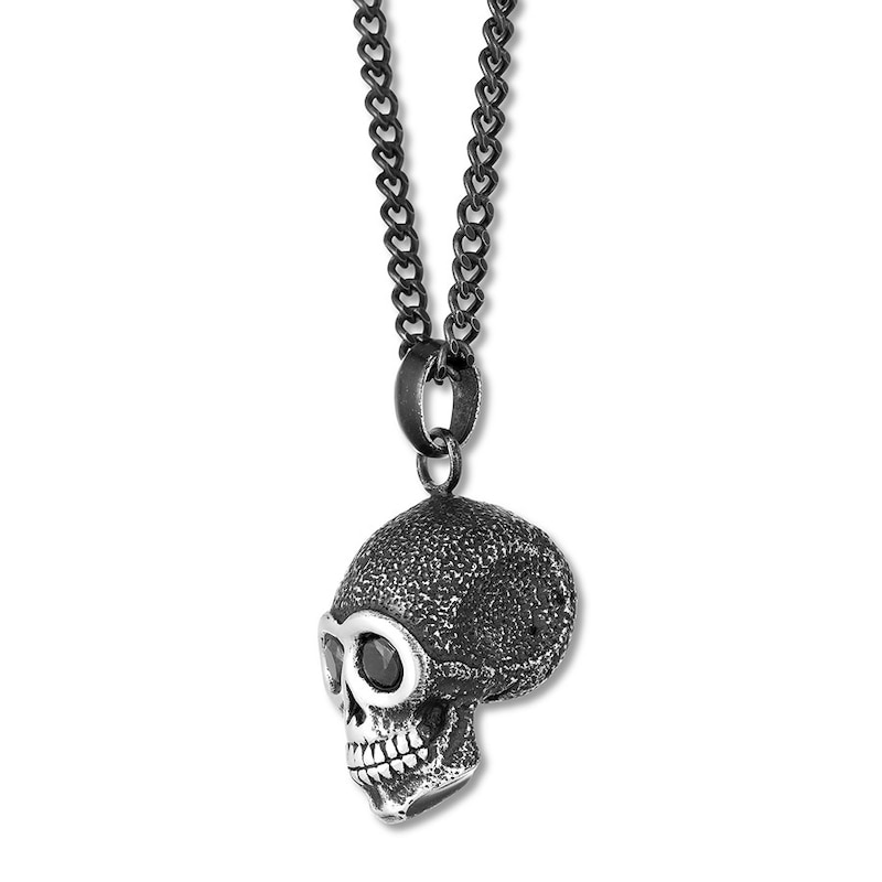 Men's Skull Necklace Black CZ Stainless Steel & Black Ion-Plating