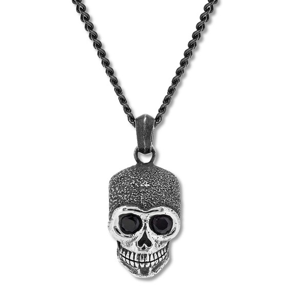 men's skull necklace black cz stainless steelblack ion