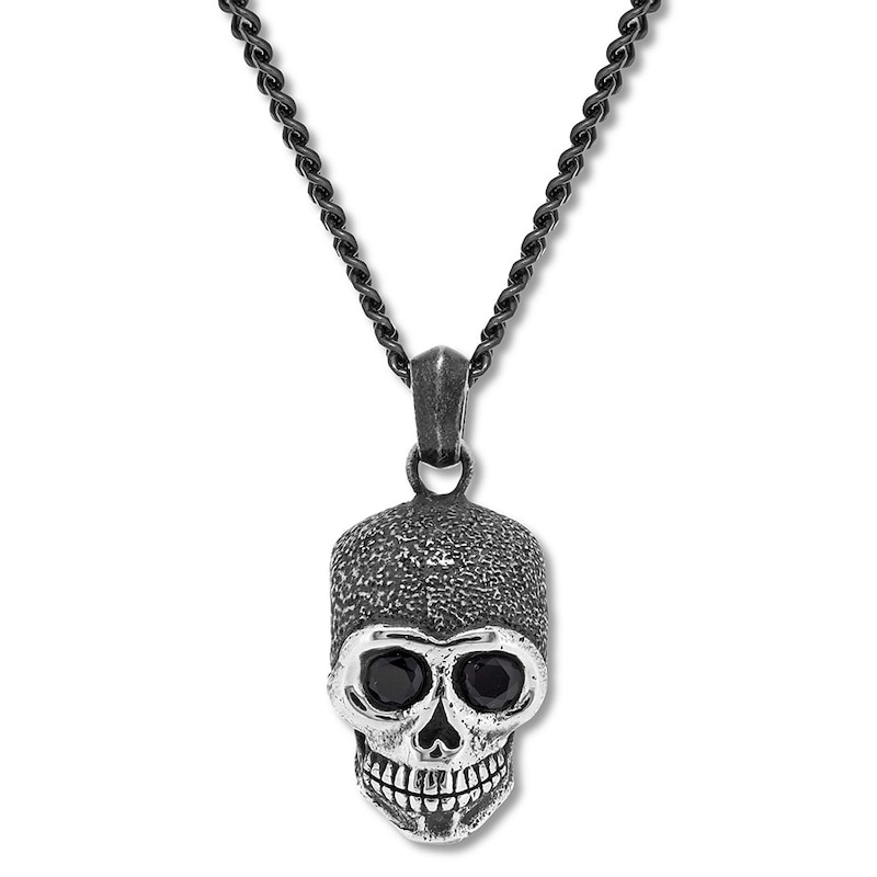 Men's Skull Necklace Black CZ Stainless Steel & Black Ion-Plating