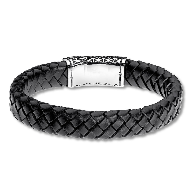 Men's Black Leather Bracelet Stainless Steel 8.5"