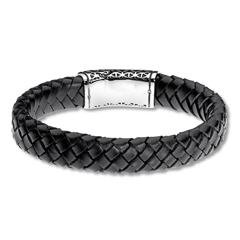 Main Image 1 of Men's Black Leather Bracelet Stainless Steel 8.5&quot;