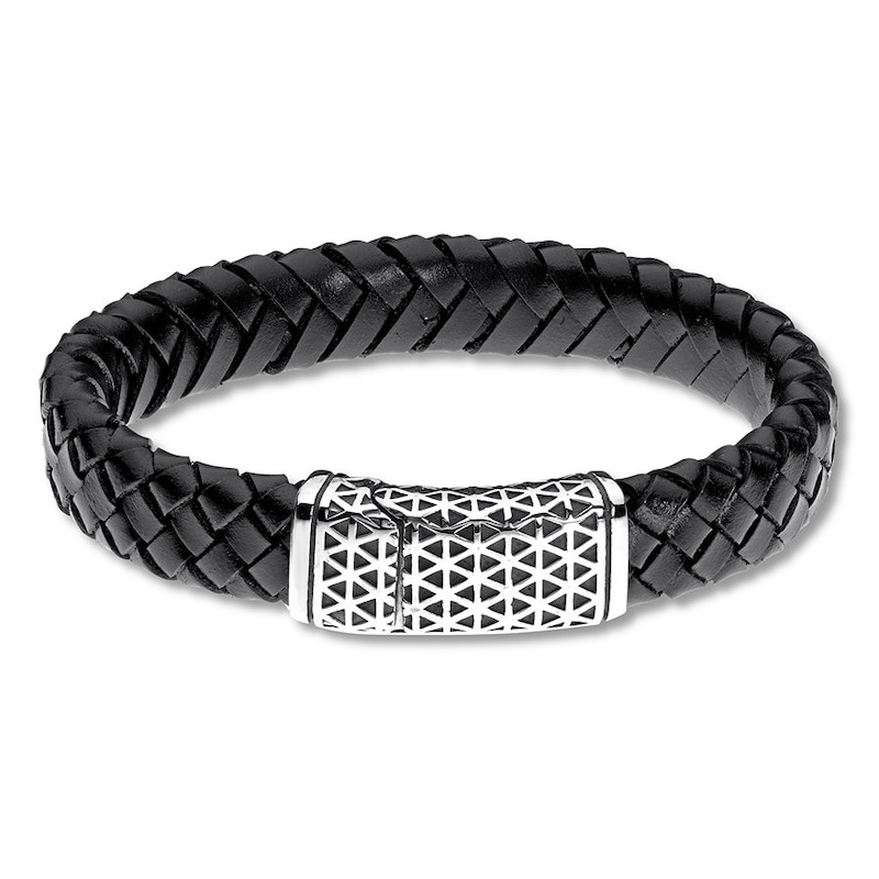 Bracelet in woven black leather with steel closure, black PVD