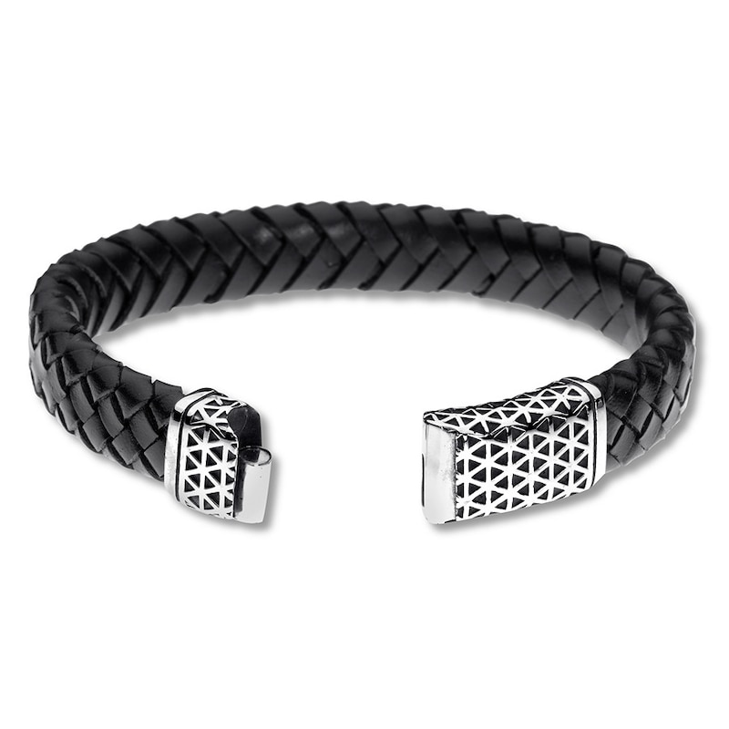 Main Image 3 of Men's Black Leather Bracelet Stainless Steel 8.5&quot;