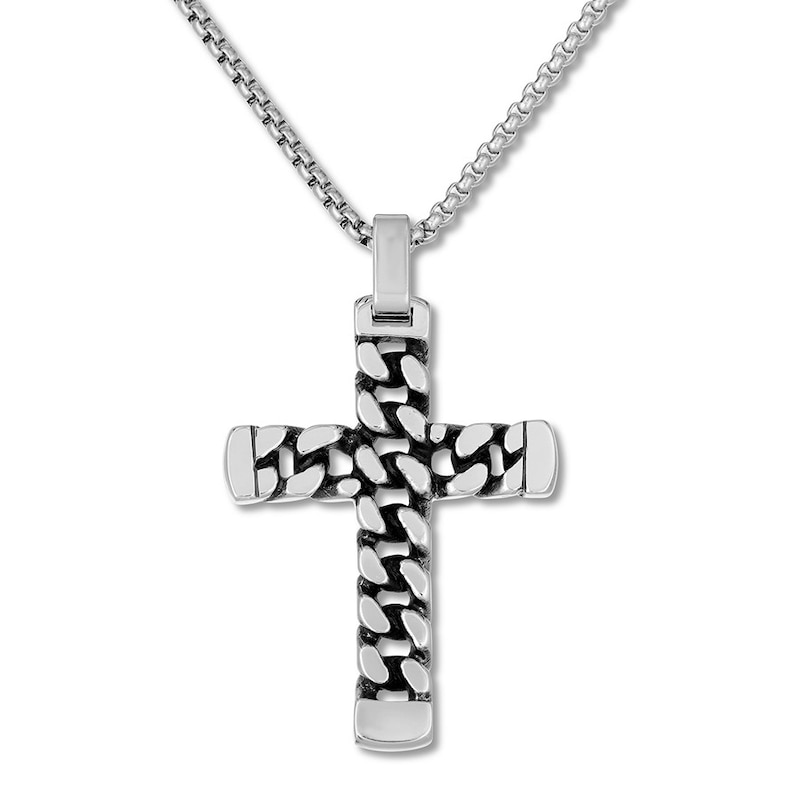 Main Image 1 of Men's Curb Chain Cross Necklace Stainless Steel 24&quot;