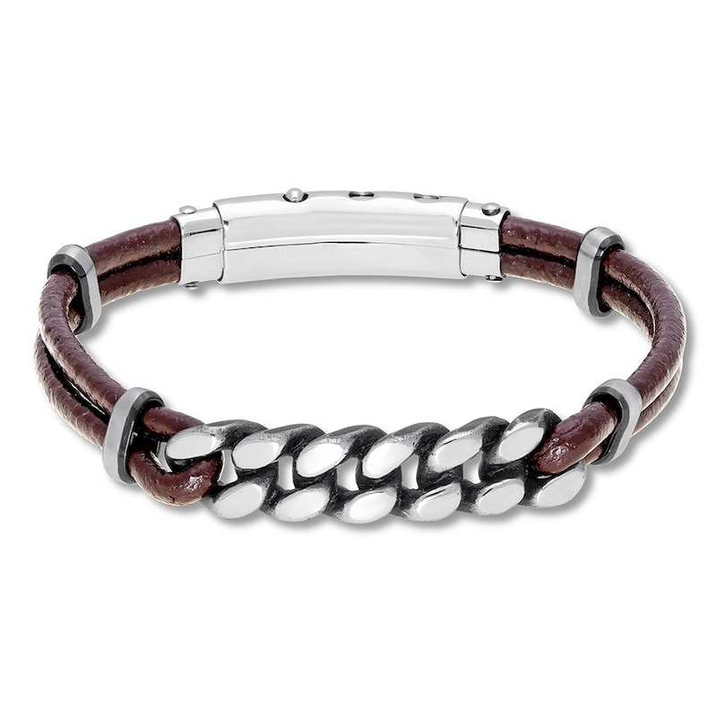 Main Image 1 of Men's Curb Chain & Brown Leather Bracelet Stainless Steel 9.5&quot;