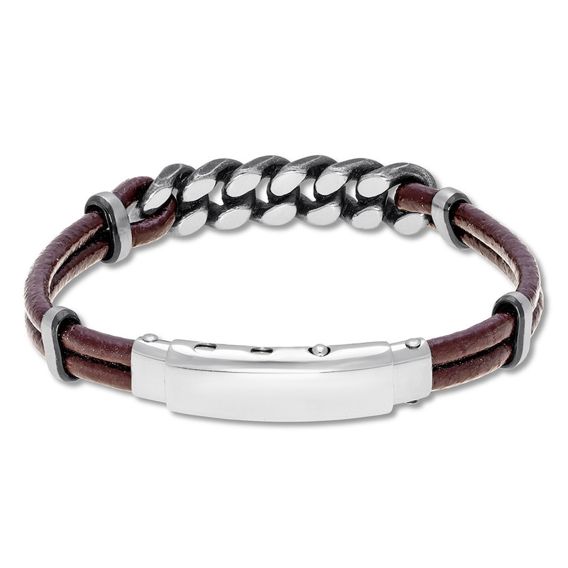 Men's Curb Chain & Brown Leather Bracelet Stainless Steel 9.5"