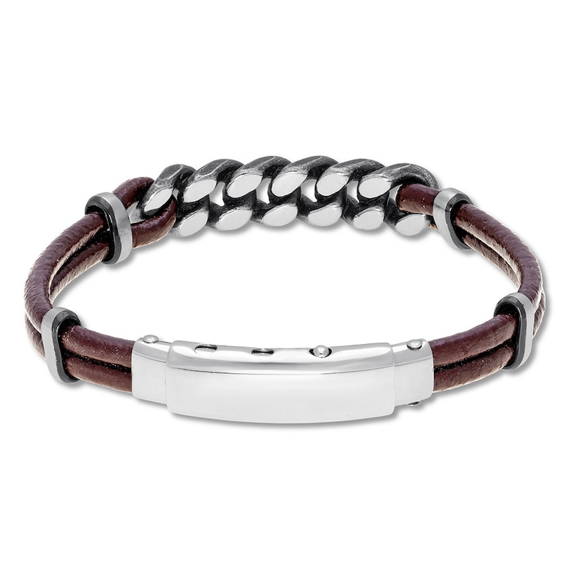 Main Image 2 of Men's Curb Chain & Brown Leather Bracelet Stainless Steel 9.5&quot;