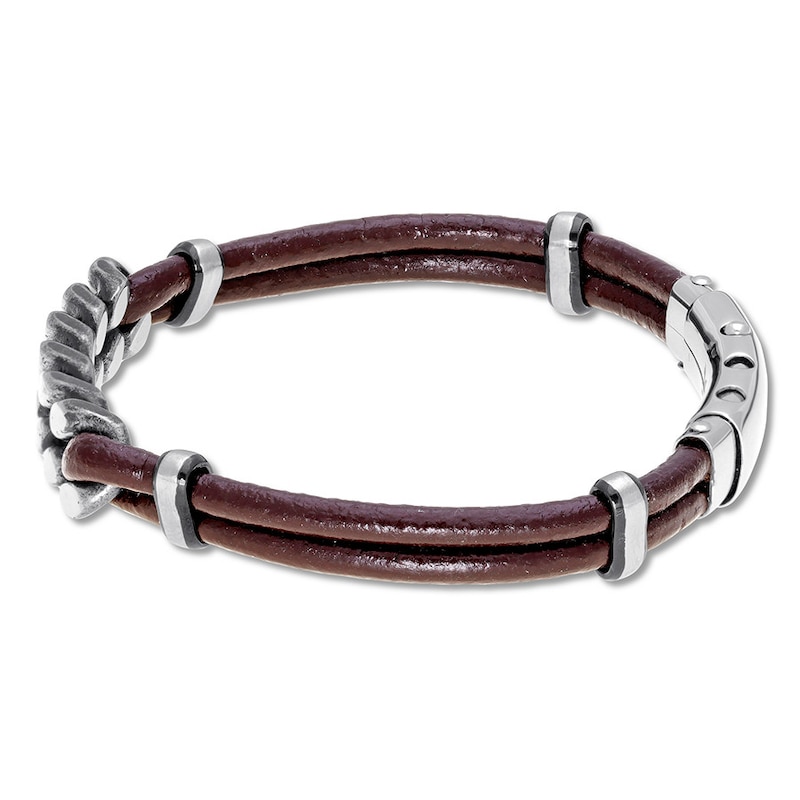 Men's Curb Chain & Brown Leather Bracelet Stainless Steel 9.5"