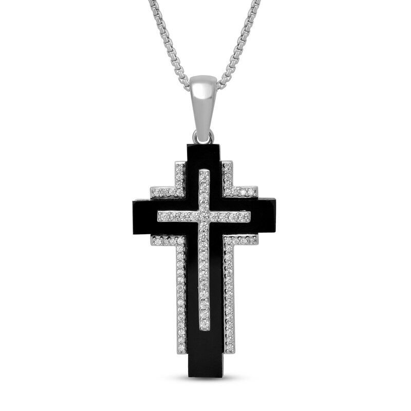 Men S Black Onyx Cross Necklace 1 4 Ct Tw Diamonds Sterling Silver 22 Kay - Mens Black Onyx Cross Pendant