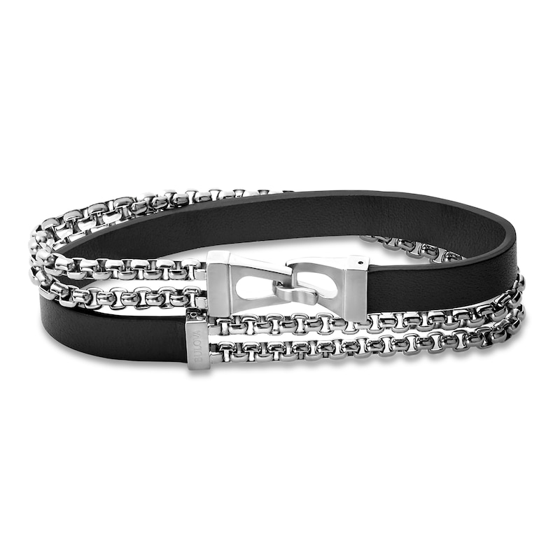 Bulova Double-Wrap Bracelet Stainless Steel Black Leather 15.3"