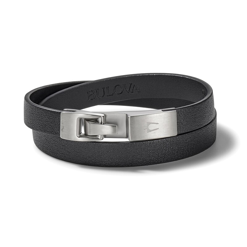 Bulova Double-Wrap Bracelet Black Leather 15.5"