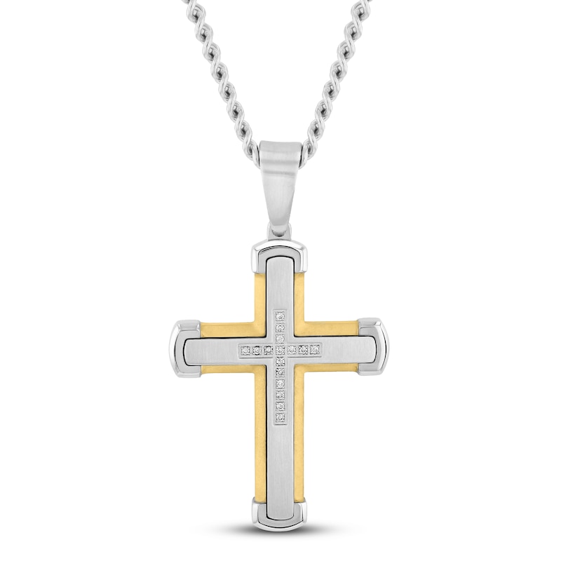 Main Image 1 of Men's Diamond Cross Necklace 1/10 ct tw Stainless Steel & Yellow Ion Plating 24&quot;