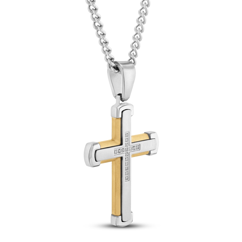 Main Image 2 of Men's Diamond Cross Necklace 1/10 ct tw Stainless Steel & Yellow Ion Plating 24&quot;