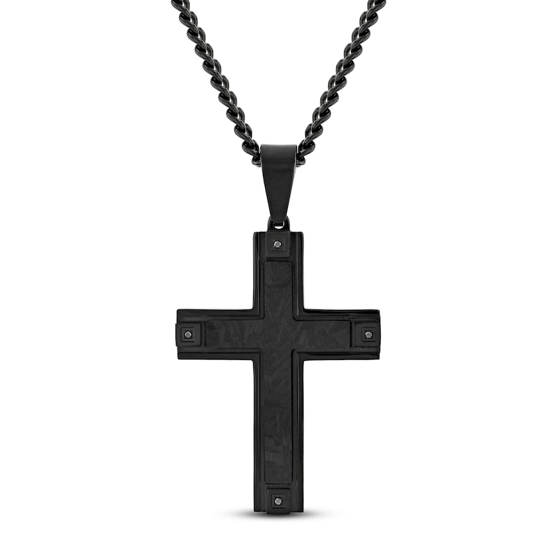 Men's Cross Necklace 1/20 ct tw Black Diamonds Stainless Steel/Black Ion Plating 24"