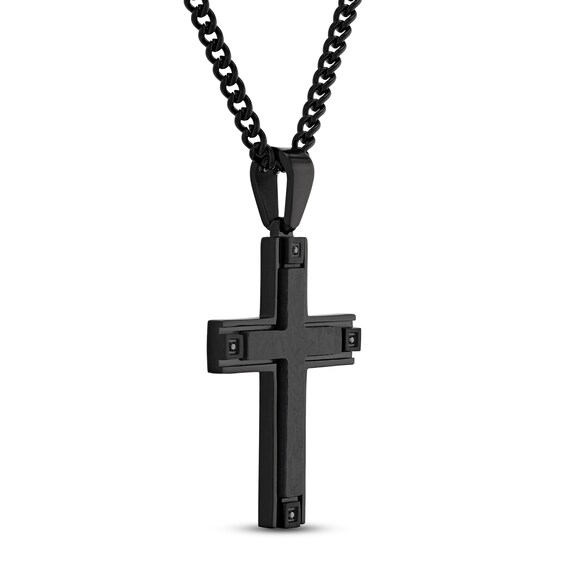 Men's Cross Necklace 1/20 ct tw Black Diamonds Stainless Steel/Black ...