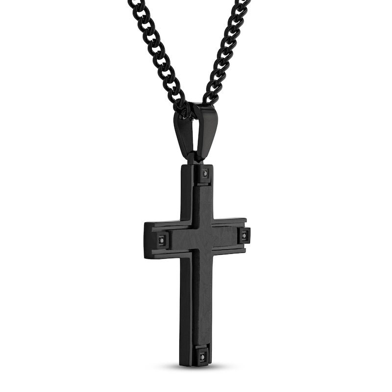Men's Cross Necklace 1/20 ct tw Black Diamonds Stainless Steel/Black Ion Plating 24"