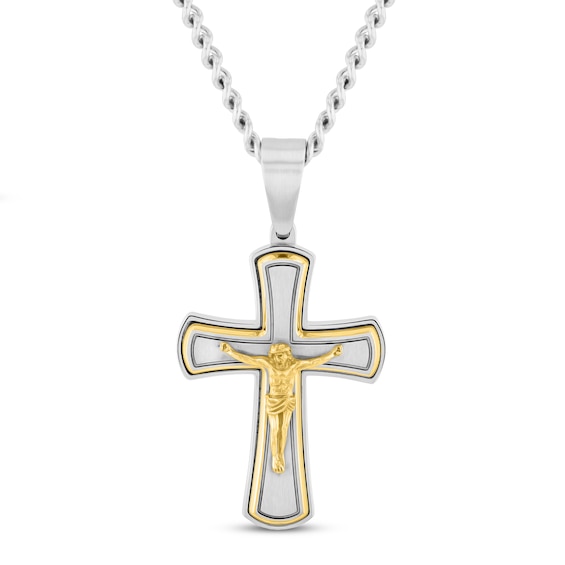 Men's Crucifix Pendant Stainless Steel & Yellow Ion Plating 24"